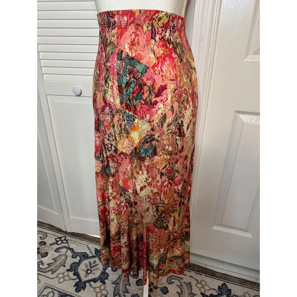 Peruvian Connection Patchwork Floral Maxi Skirt Multi Color Boho Side Slit XS